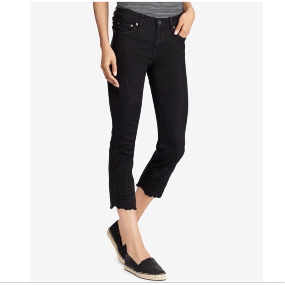 NWT LAUREN Ralph Lauren Womens Black Denim Ankle Jeans Embroidered Flowers SZ 6